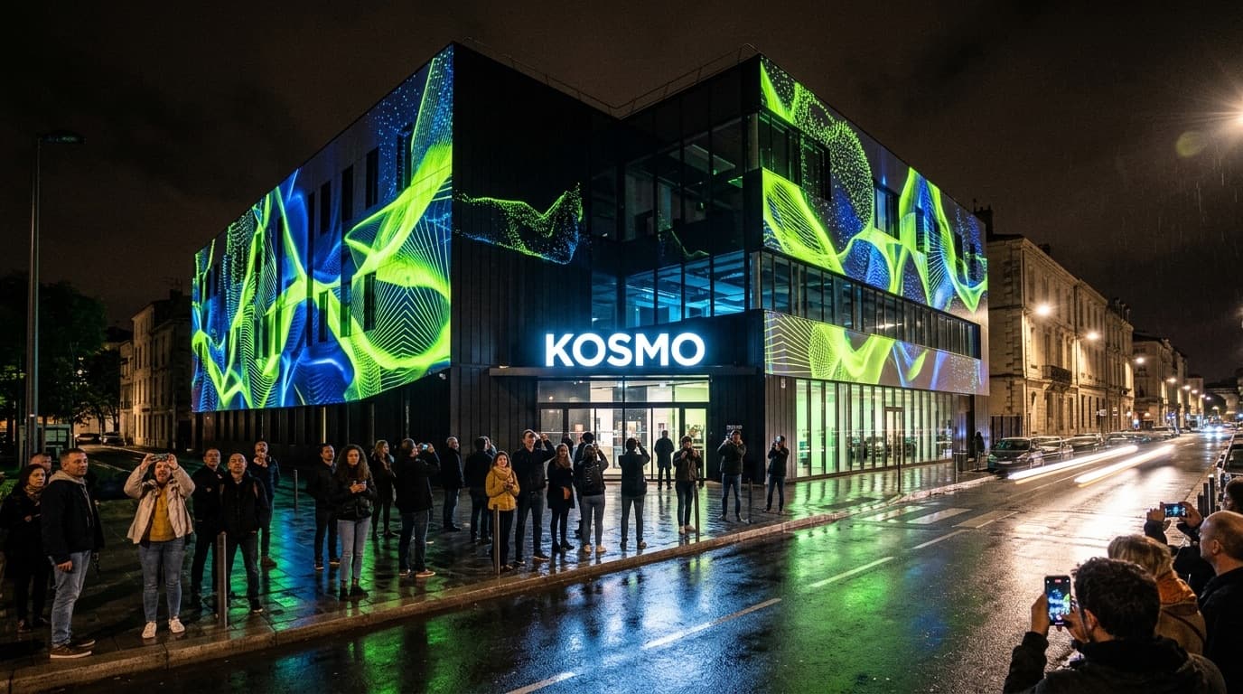 La façade de KOSMO de nuit, mapping génératif en projection, passants arrêtés devant.